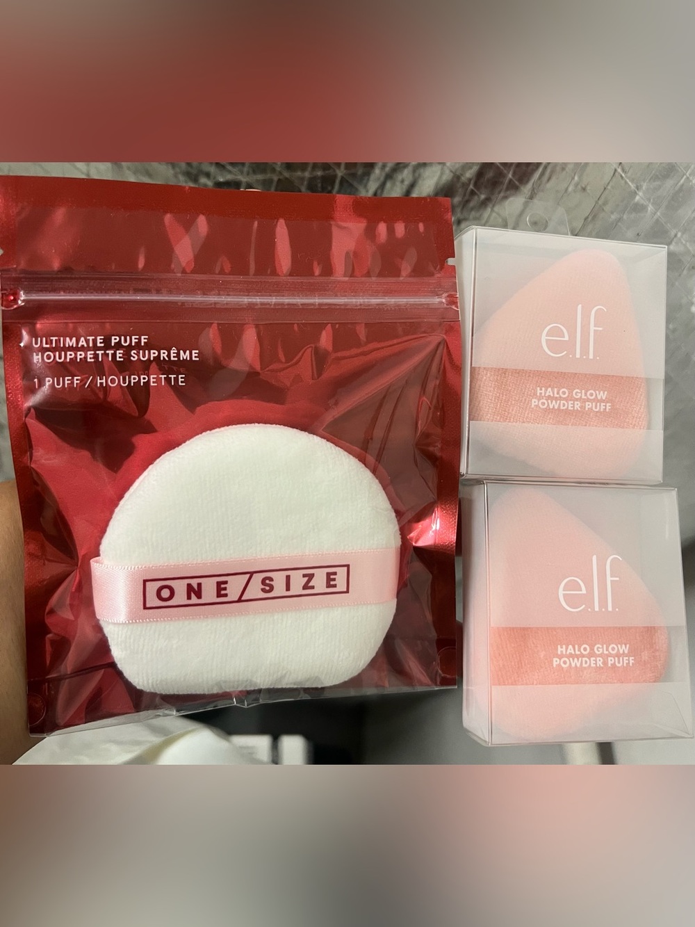 ONE/SIZE Pink Powder Puff Set with Red Metallic Pouch and 2 ELF puffs new bundle